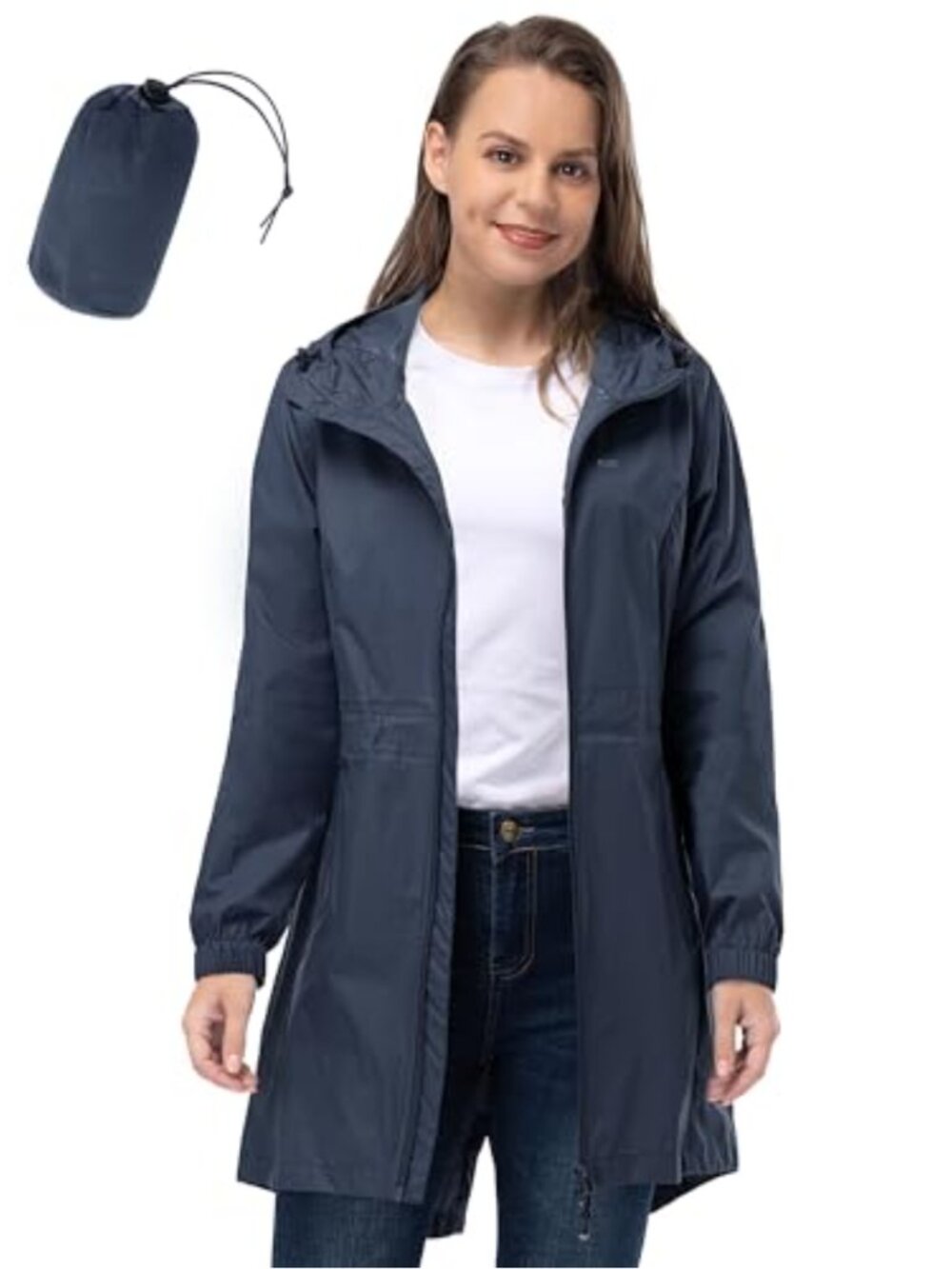 Waterproof Long Raincoat for Women Hood Packable Lightweight